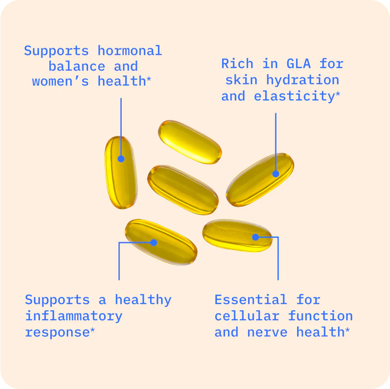 Supports hormonal balance and women’s health*
Rich in GLA for skin hydration and elasticity*