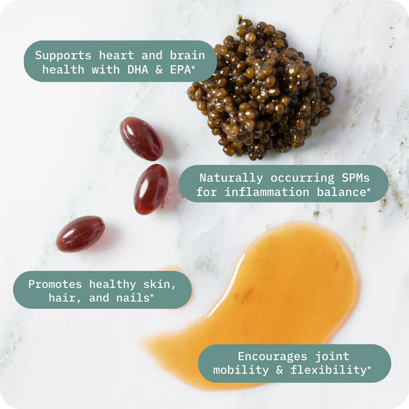 fish oil, Resolvin combines essential fatty acids with caviar extract, a completely natural, whole-food source of SPMs (specialized pro-resolving mediators—the powerful inflammation-fighting metabolites found in omega-3 fatty acids).