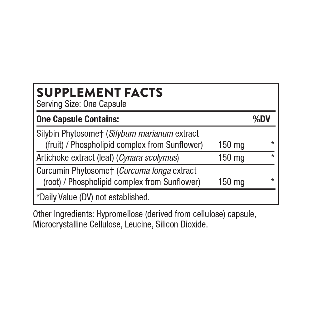 Supplement facts label for a capsule containing Silybin Phytosom et, Artichoke extract, and Curcumin Phytosom et.
