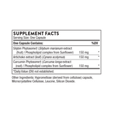 Supplement facts label for a capsule containing Silybin Phytosom et, Artichoke extract, and Curcumin Phytosom et.